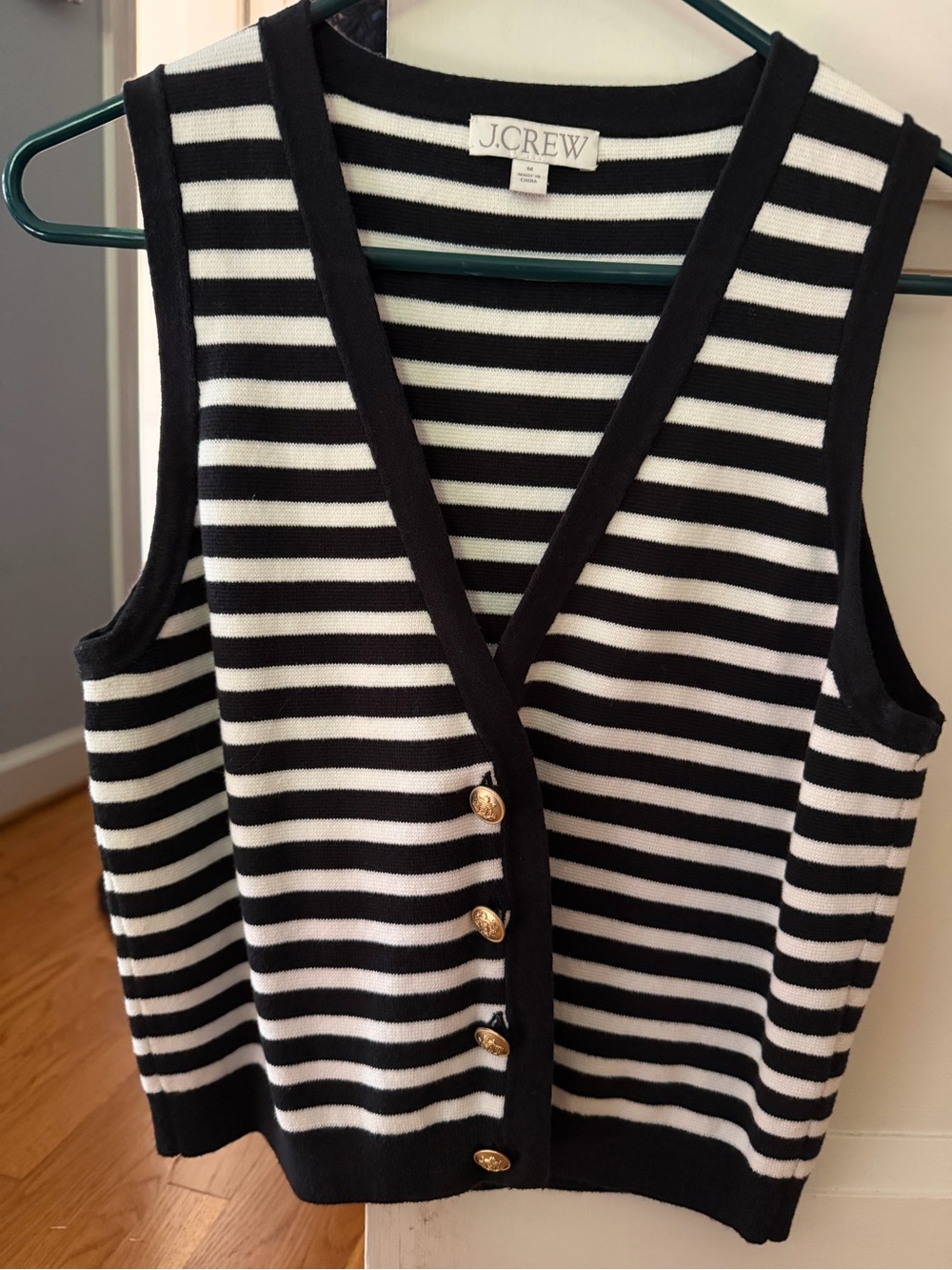 J. Crew Black & White Striped Sleeveless Knit Vest with Gold Buttons